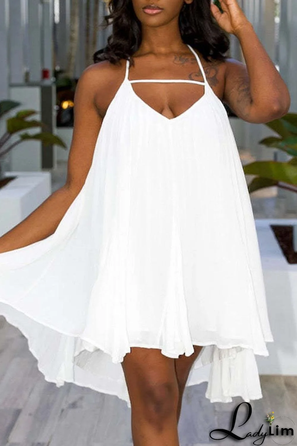 Yellow Sexy Solid Split Joint Backless Halter A Line Dresses