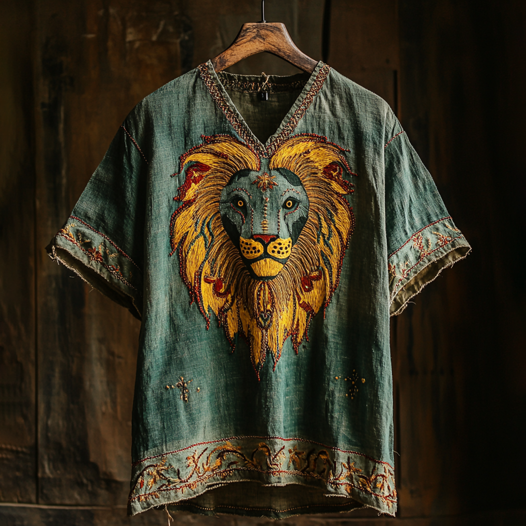 Men's African Lion Mask Art Cotton And Linen V-neck T-shirt