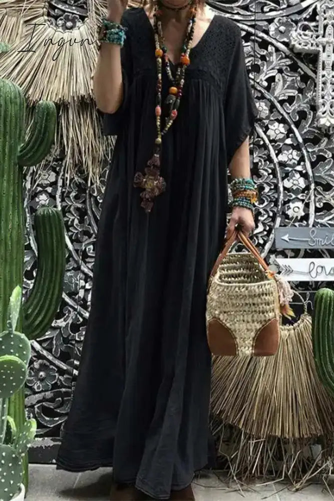 Ingvn - Casual Solid Lace V Neck A Line Dresses(No Accessories) Black / S Dresses/Casual Dresses