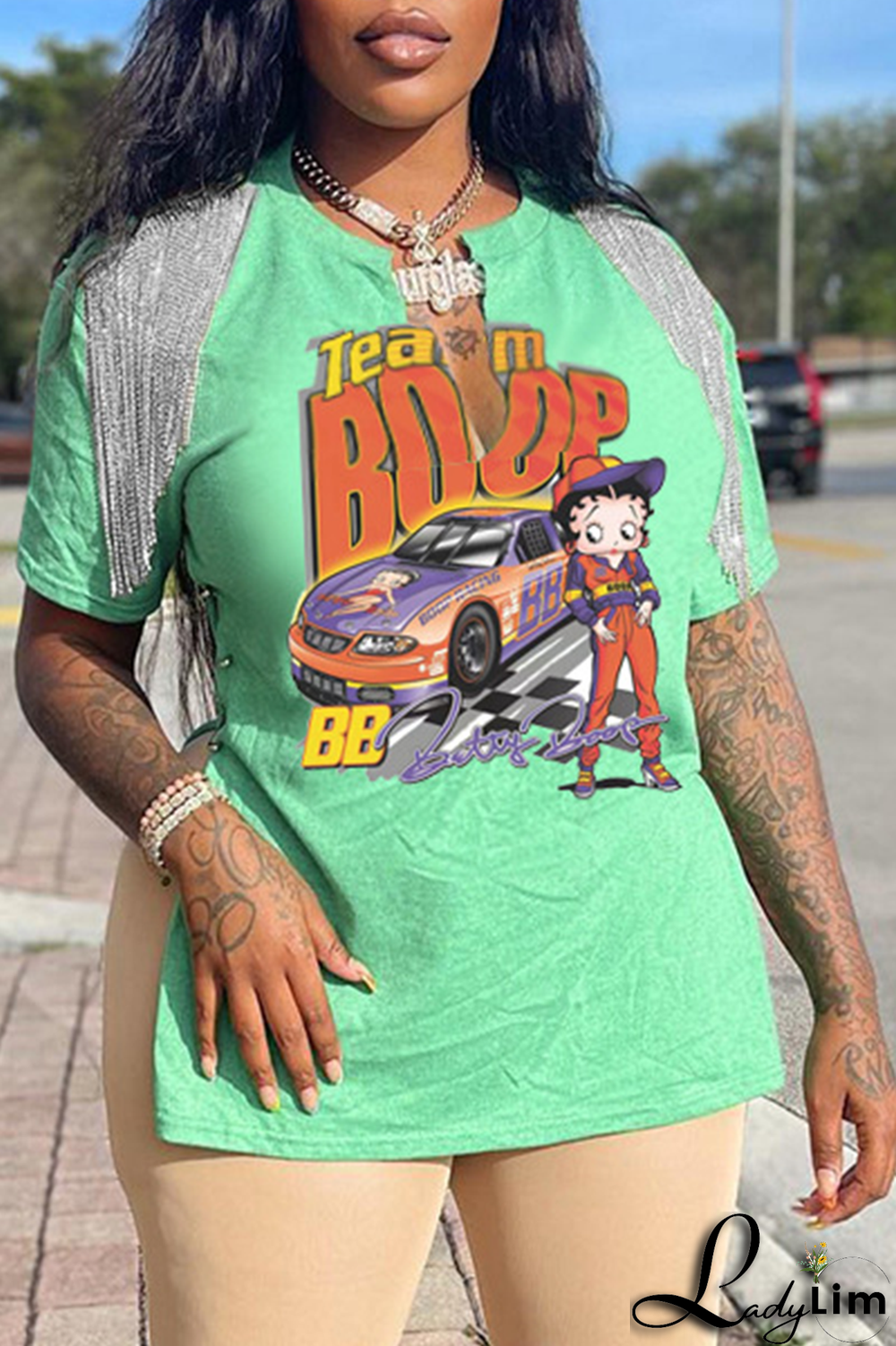 Purple Fashion Print Tassel V Neck T-Shirts