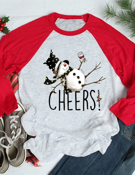 Cheers Snowman Christmas Raglan 3/4 Sleeve T-Shirt