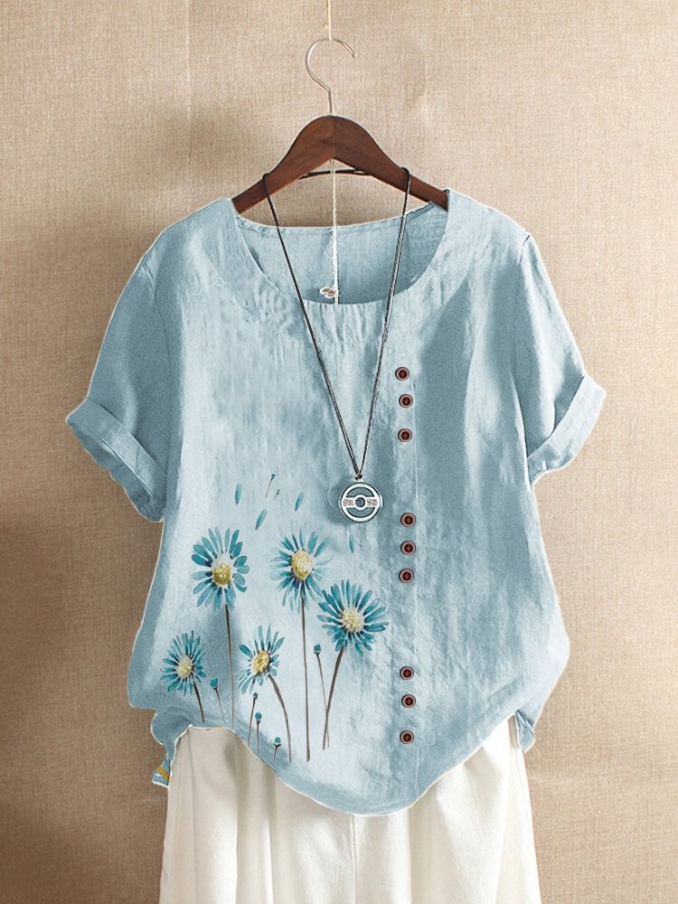 Button Flower Print Short Sleeve T shirt For Women P1705085