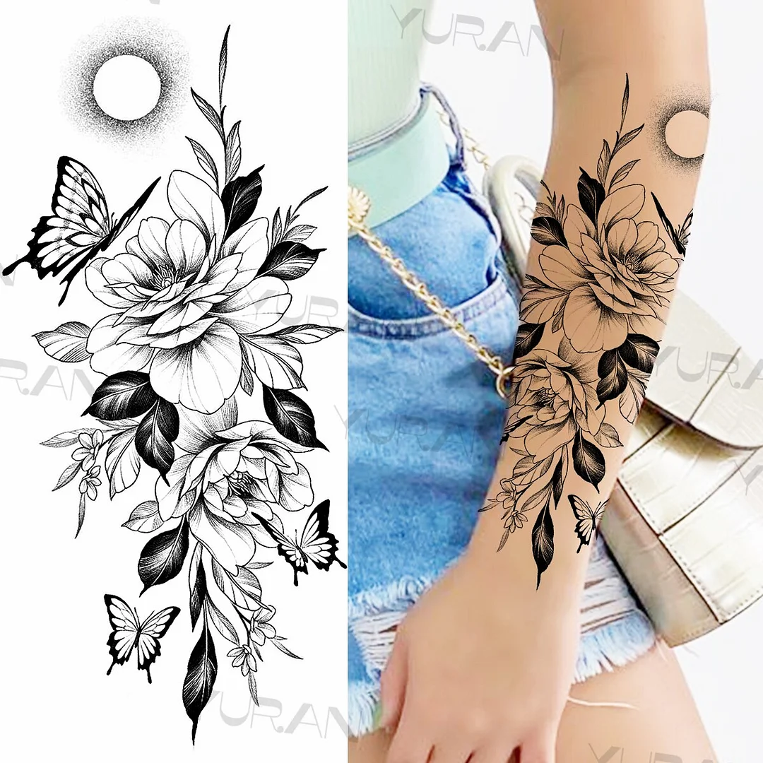 Sdrawing Rose Flower Temporary Tattoos For Women Realistic Snake Butterfly Flora Fake Tattoo Sticker Arm Body Waterproof Tatoos