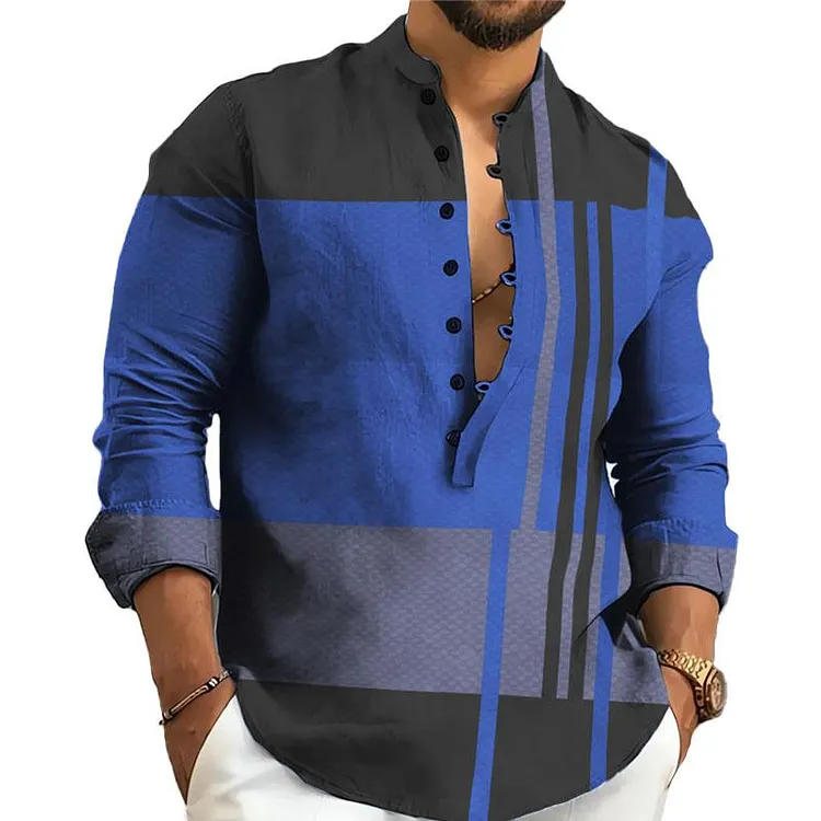 Men's Casual Plaid Print Stand Collar Long Sleeve Shirt 47056168Y