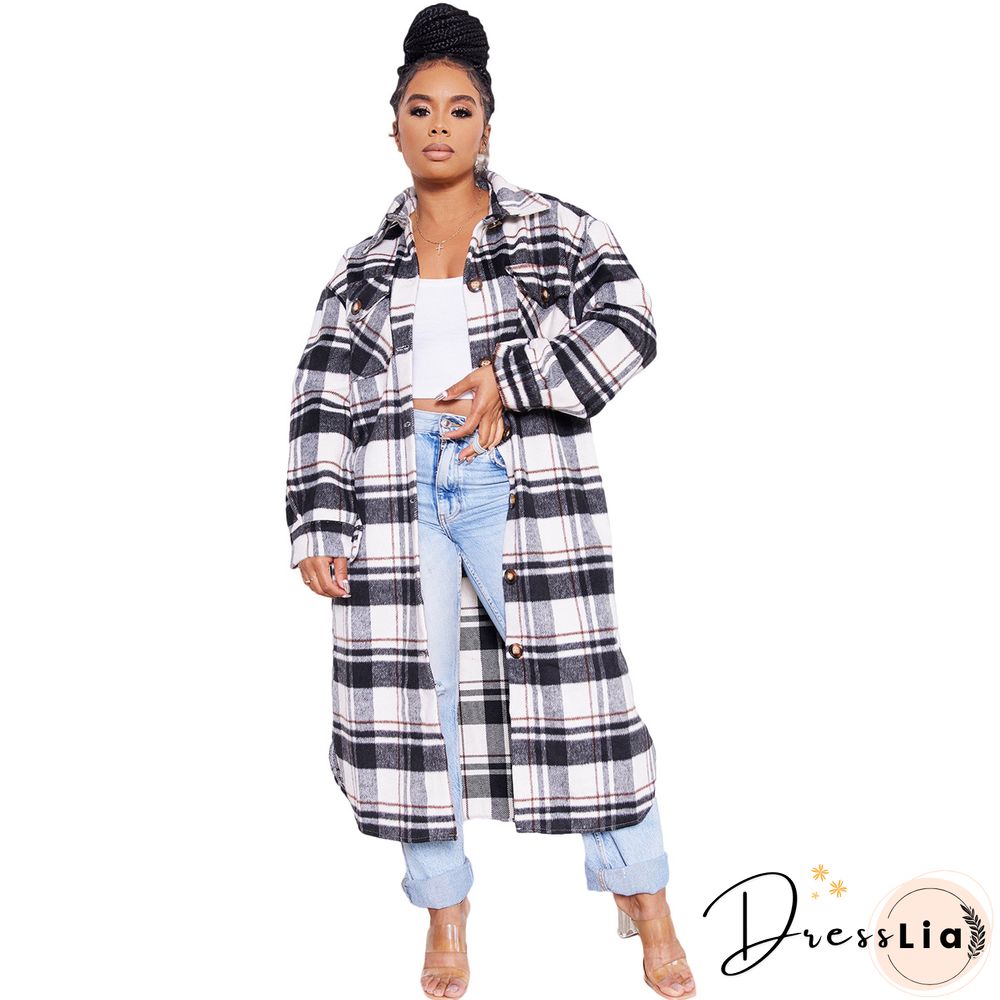 Classic Check Single-breasted Long Woolen Coat
