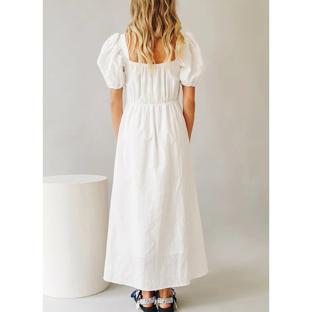 Huiketi Clothes For Women Dresses Square Neck Tie Vintage Cotton Long White Dress Short Puff Sleeve Casual Maxi Dress With Slit