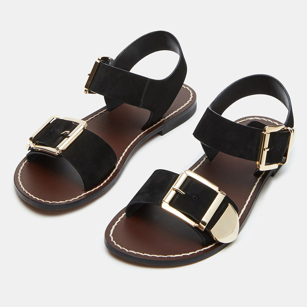 Black Vegan Leather Round Toe Flat Studded Buckled Strappy Sandals Nicepairs