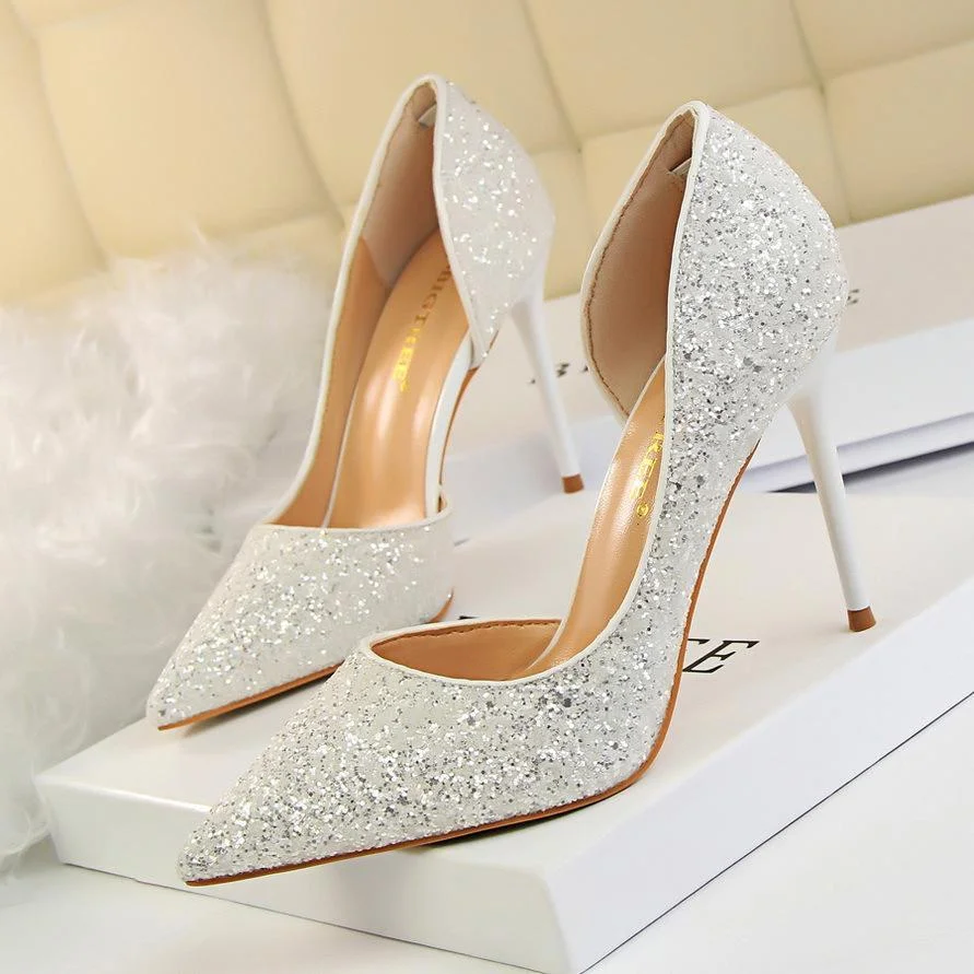 Sexy stiletto high-heeled shallow pointy side hollow sequin single shoes