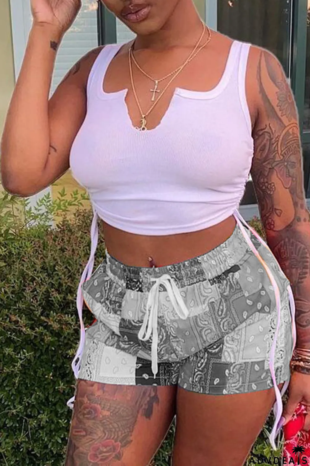 Grey Sexy Print Ripped Contrast Spaghetti Strap Sleeveless Two Pieces