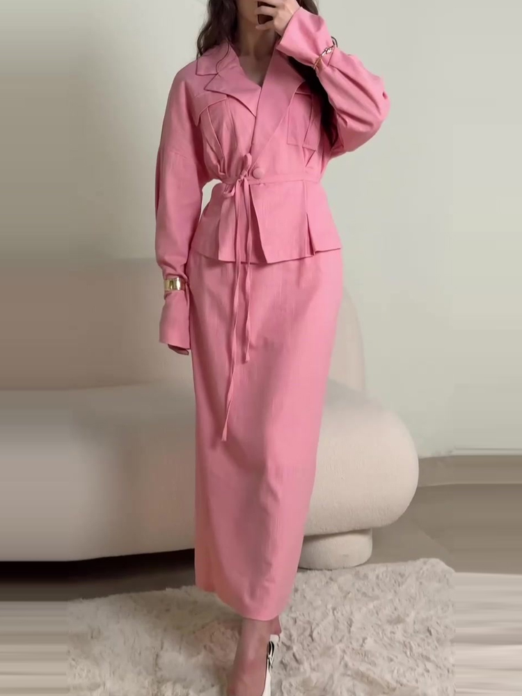 Casual Lapel Long Sleeve Shirts&Half Skirts Sets Autumn New Women Solid Slim Two Piece Sets Temperament High Waist Commute Sets