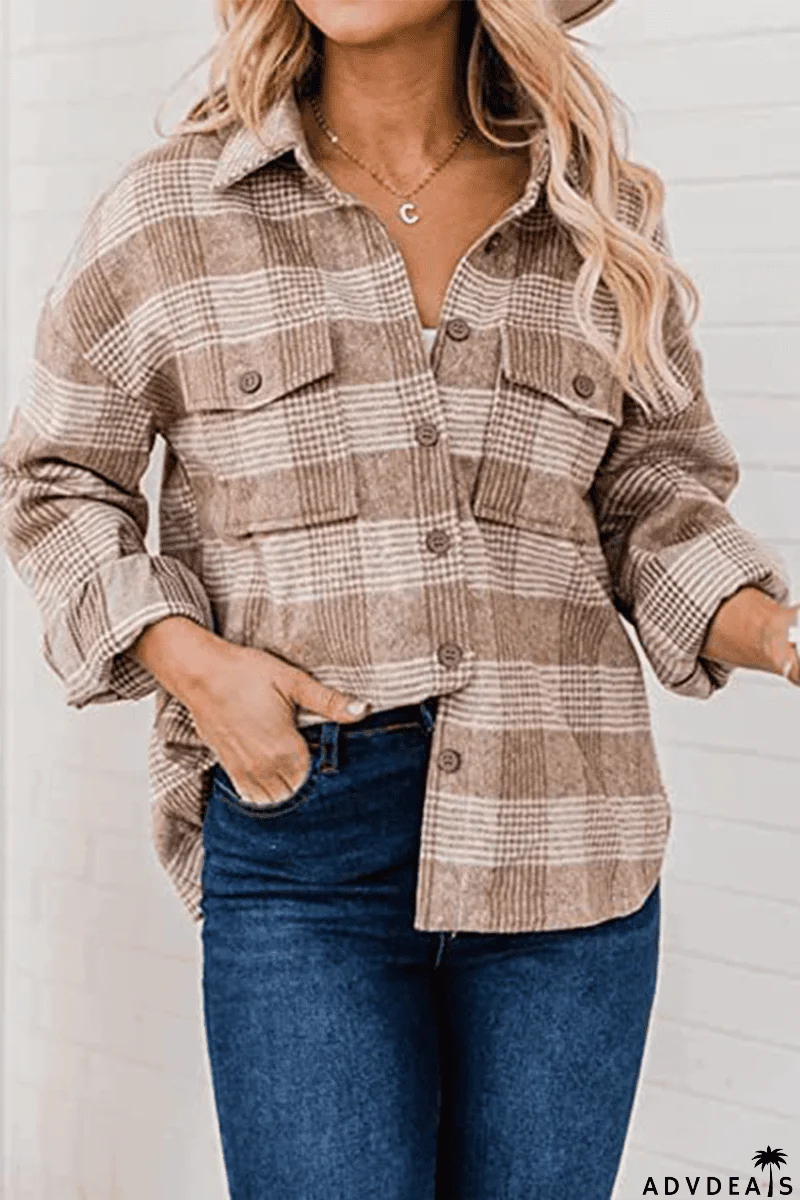 Plaid Buckle Turndown Collar Tops