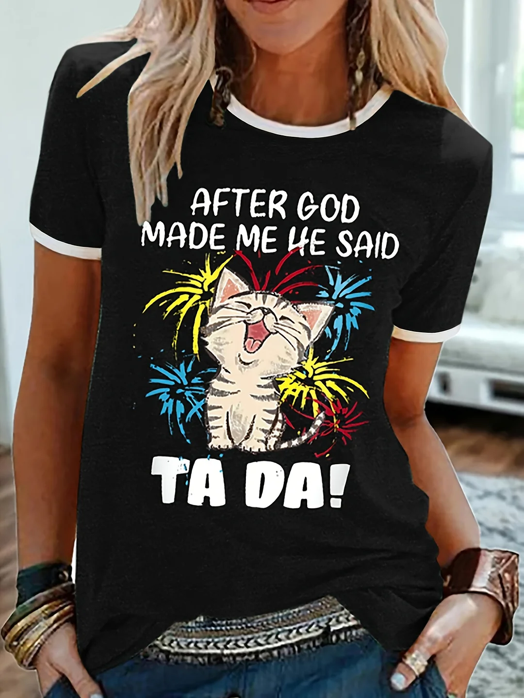 Women's Black Cute Cat Print T-Shirt With Playful "After God Made Me He Said Ta-Da!" Graphic - Soft Breathable Summer Tee, Machine Washable Casual Top For Spring/Summer Outfits, Cat Tshirt | IFYHOME