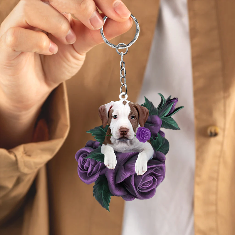 VigorDaily Pit Bull In Purple Rose Acrylic Keychain PR118