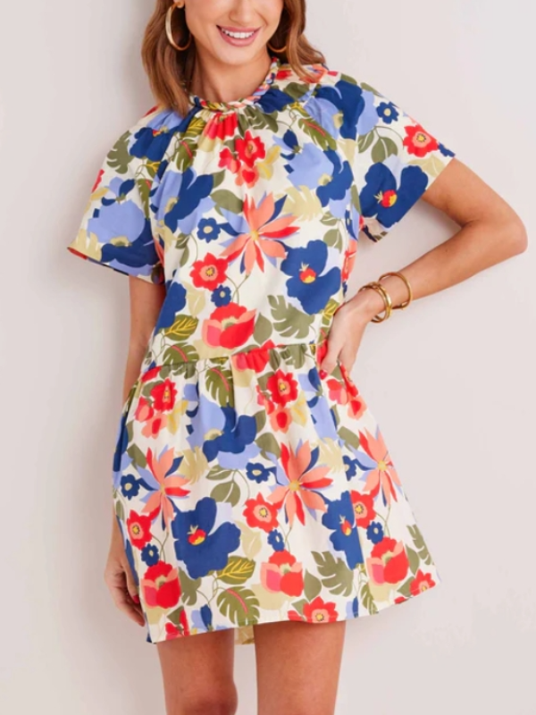 Multi-Color Printing Twist Round Collar Short-Sleeved Mini Dress