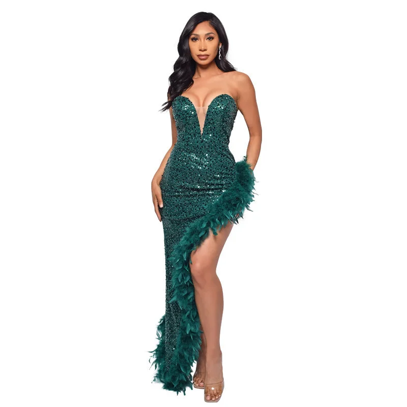 Uveng Tube Backless Sequined Feather Dress Dresses