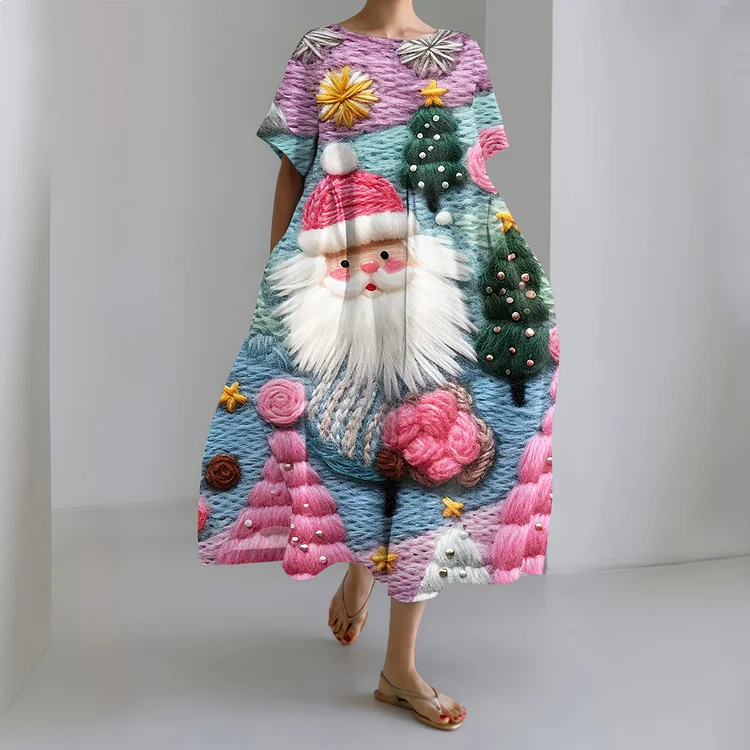 Santa Claus Print Short Sleeved Loose Midi Dress