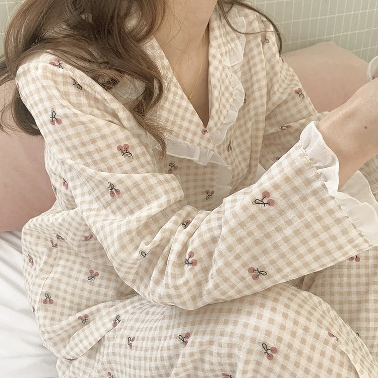 Cherry Printed Plaid Pajama - Gotamochi Kawaii Shop, Kawaii Clothes