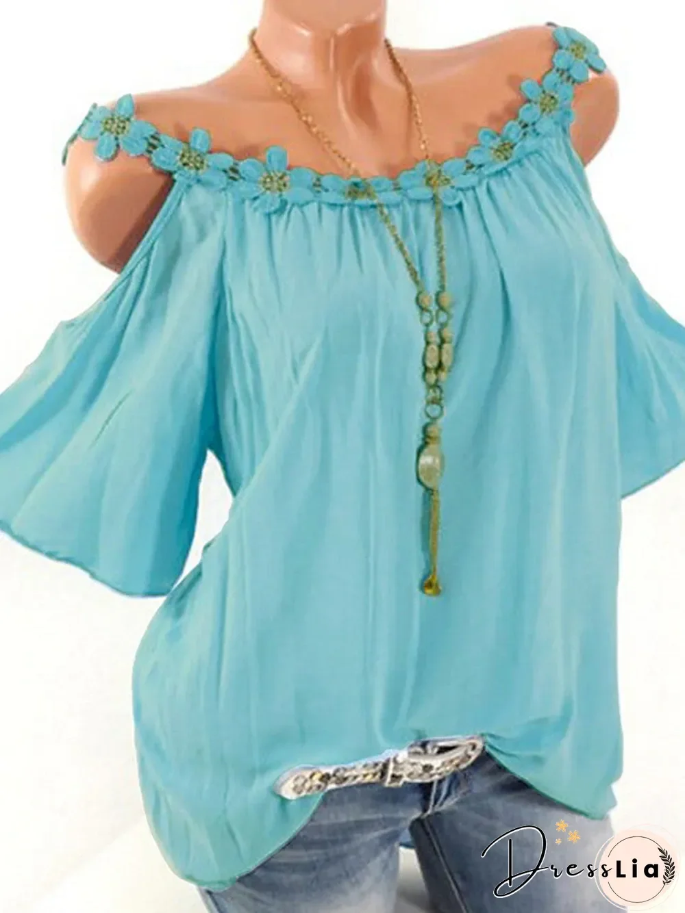 Women's T-shirt Solid Colored Lace Fashion Off Shoulder Round Neck Tops Basic Top White Blushing Pink Green-828