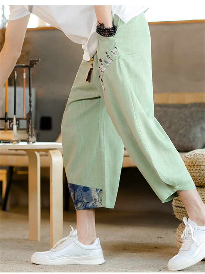 Men's Shorts Summer Shorts Bloomers Capri Pants Drawstring Elastic Waist Side Button Patchwork Comfort Breathable Calf-Length Casual Daily Holiday Fashion Ethnic Style Black White | 168DEAL