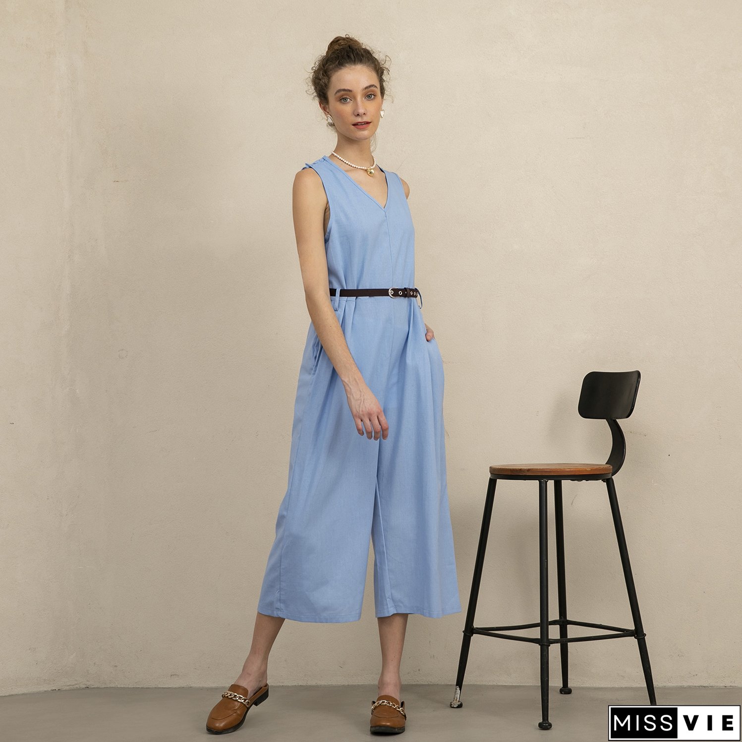 Women's Sleeveless V-Neck Cotton Linen Jumpsuit