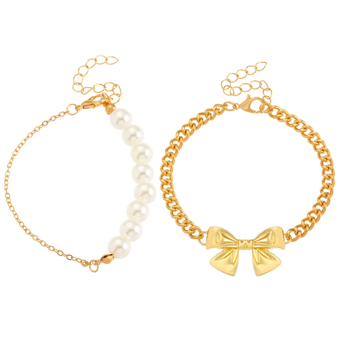 Ribbon pearl two-strand gold-plated bracelet