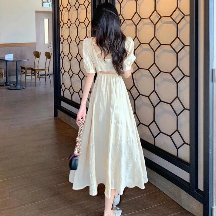 Dress Women Yellow Sweet Square Collar Female Lovely Back Hollow Out Vintage Elegant Puff Sleeve A-line Two-length Girls Empire