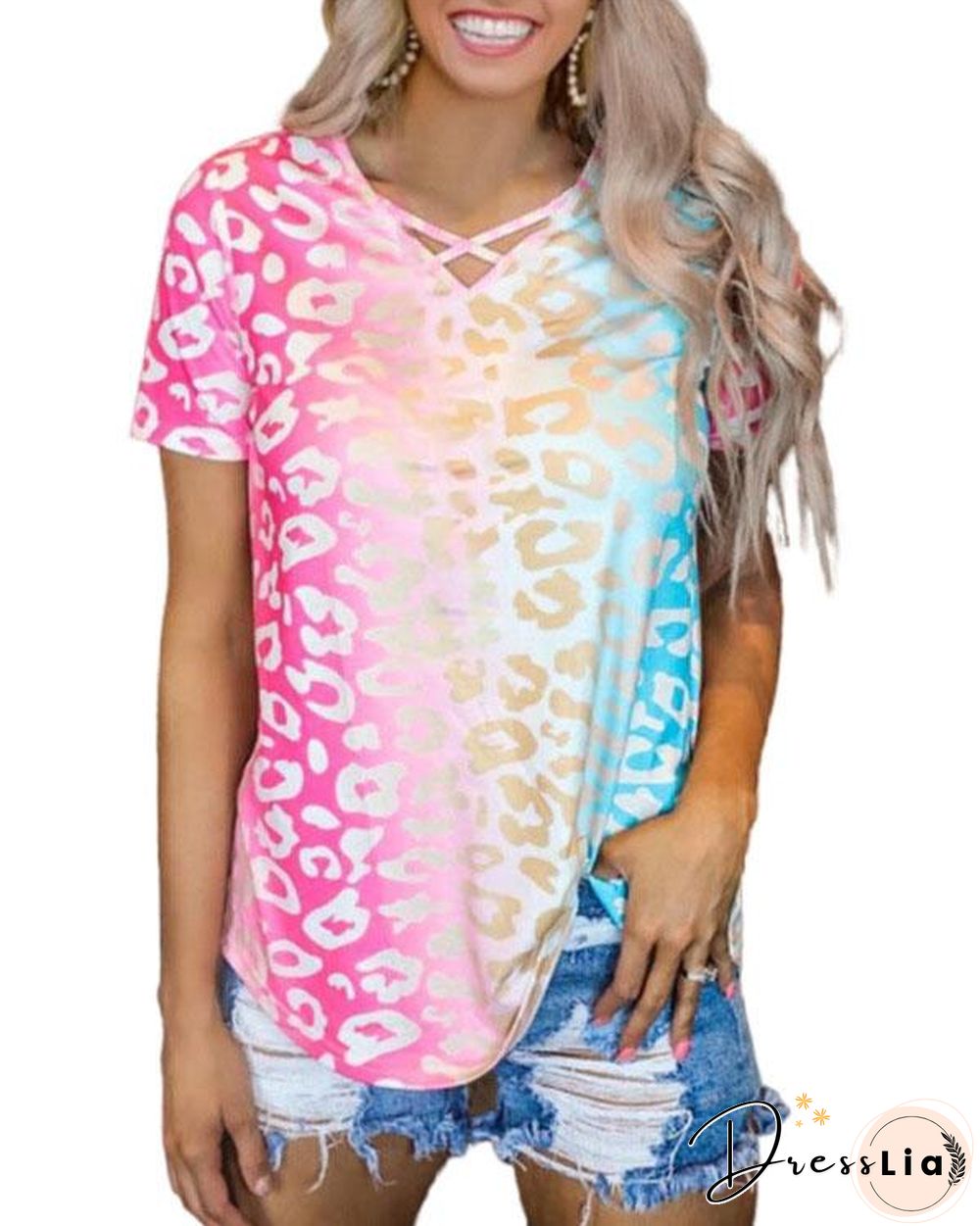 Gradient Color Criss-Cross T-Shirt Tee