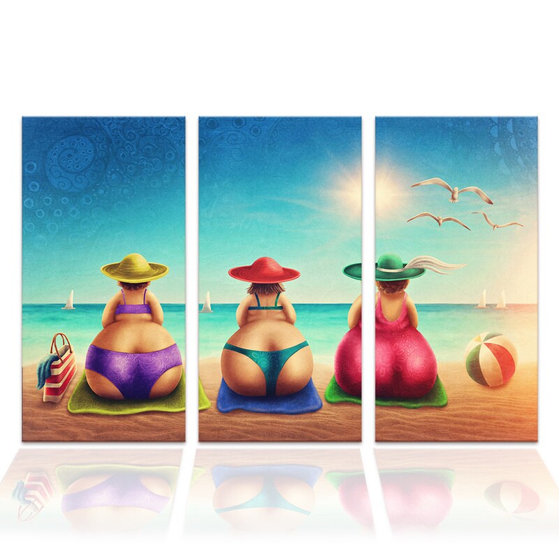 3 Pcs Fat Lady on Beach Canvas Posters and Prints Living Room Bikini Woman Holiday Cartoon Poster for Room Decoration