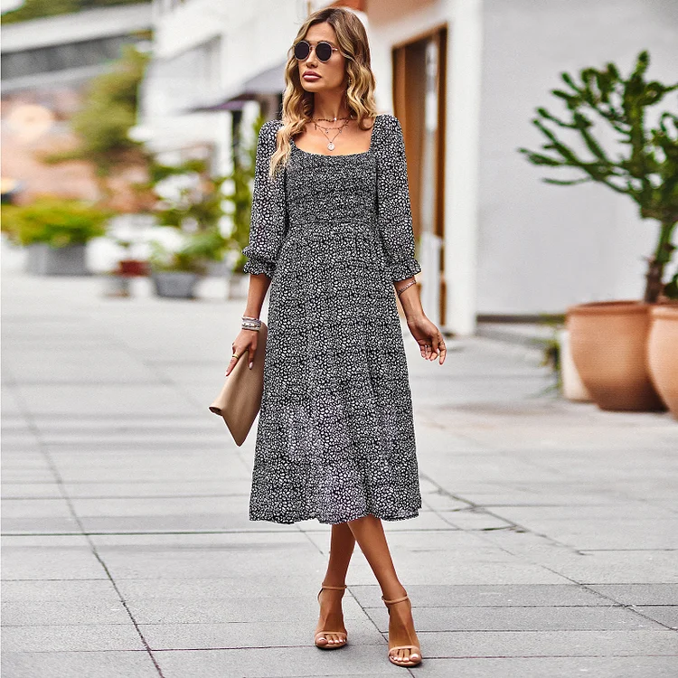Women Fashion Square Neck Casual Sexy Loose Midi Dress