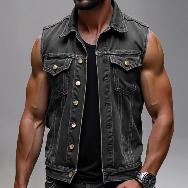 Casual Denim Turndown Collar Metal Button Sleeveless Vest Okaywear