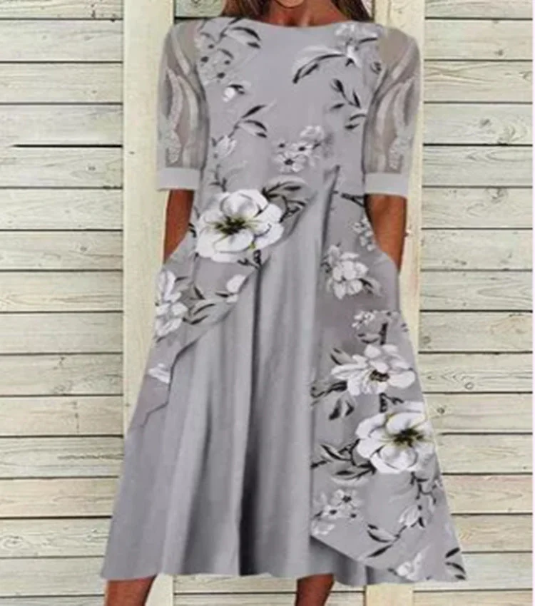Flower Round Neck  A-line Dress