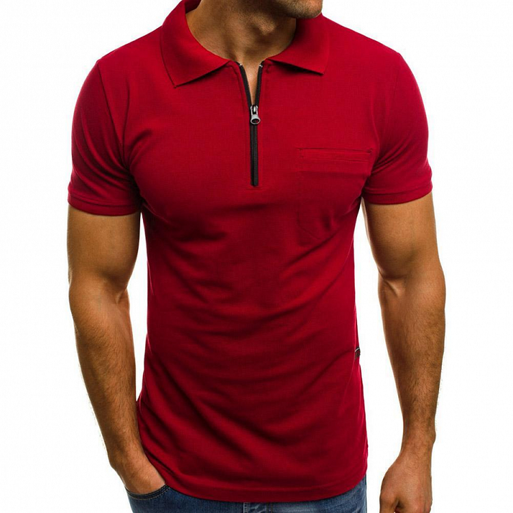 Solid Color Summer Men's Zipper Casual Short Sleeve Polo Shirts at Hiphopee