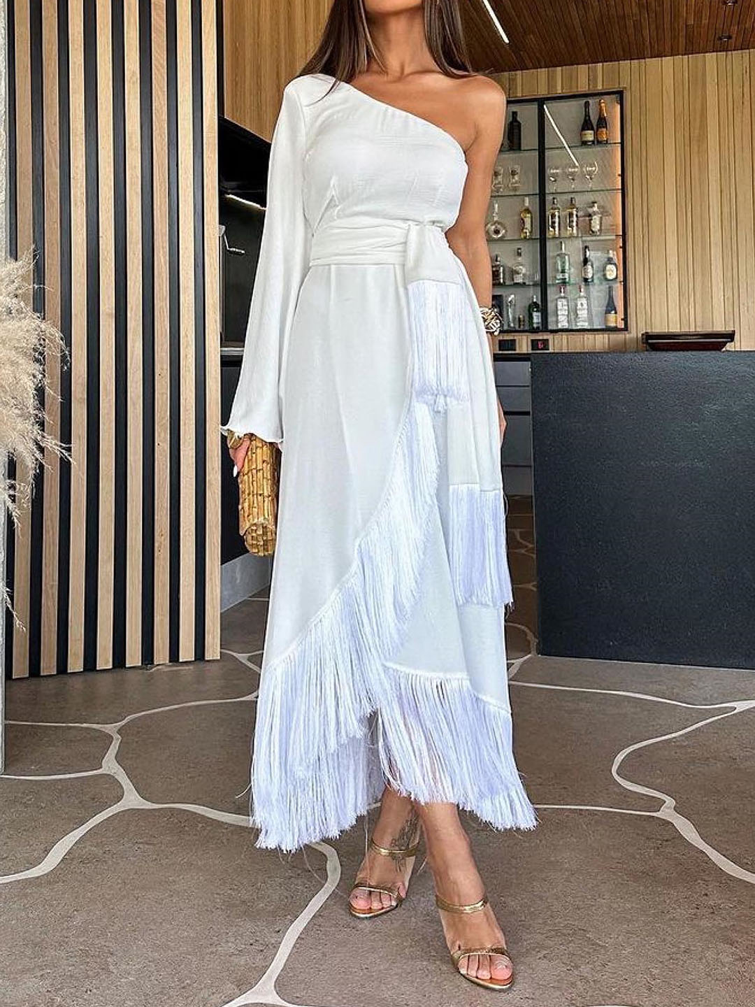 Elegant One-shoulder Strappy Fringed Dress | Oxredo Shop Ramadan Sale