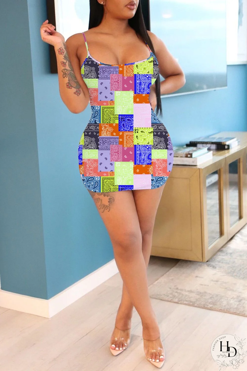 Yellow Fashion Casual Print Backless Spaghetti Strap Sleeveless Dress Dresses