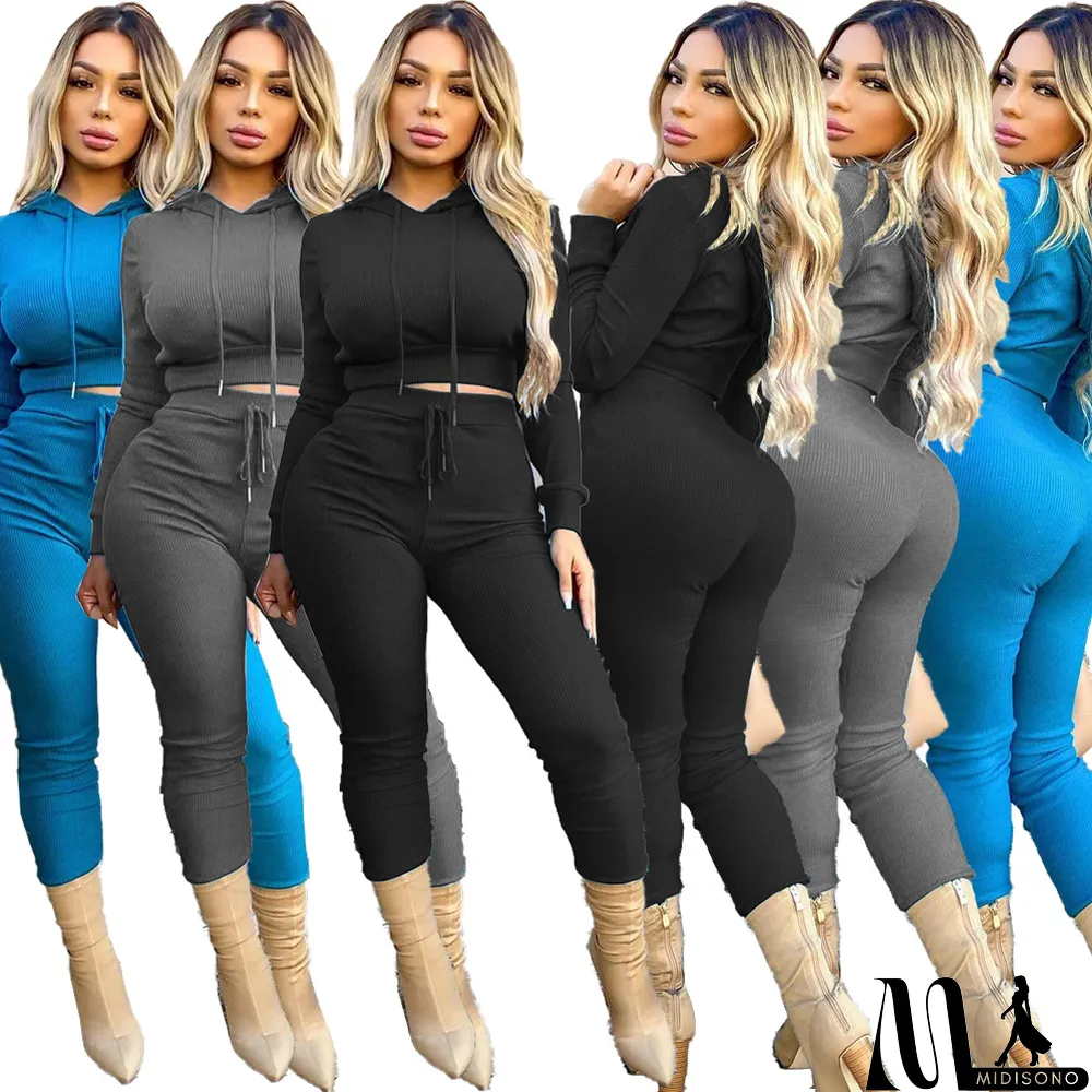 MidiSono - Autumn Knitted Solid Stretchy Hoodie Sweatpants Two Piece Set