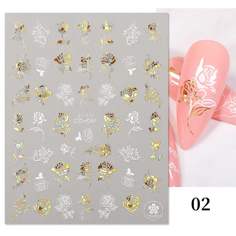 1 Pc White Gold Laser Leaves 3D Nail Stickers Leaf Cute Spring Sliders for Nails Flowers Adhesive Sticker Nail Art Design Decal-Nail Inspo