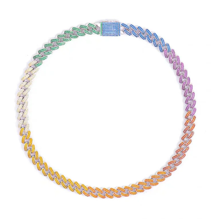 10MM Iced Out Gold Plated Rainbow Cuban Link Chain Necklace-VESSFUL