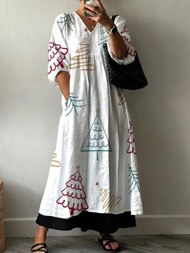 Simple Line Drawing Christmas Tree Decoration Pattern Pocket V-neck Cotton Dress