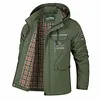 Men's Casual Outdoor Windproof Hooded Jacket - Multi-Pocket Zip-Up Cargo Coat with Plaid Accent by Inlyline