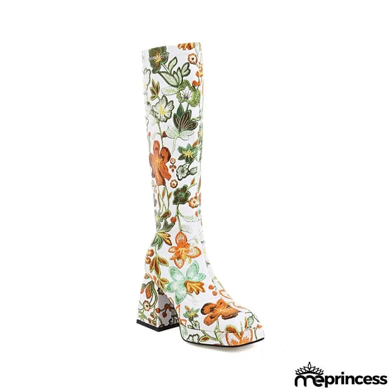 Trendy Colorful Floral Printed Thick Heel Long Boots