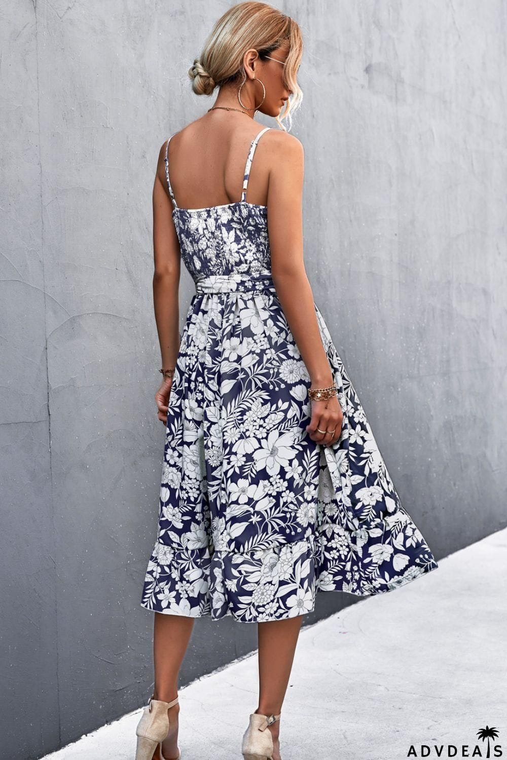 Floral Frill Trim Scoop Neck Spaghetti Strap Dress