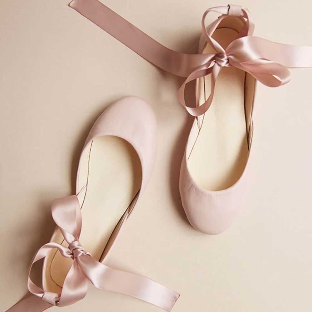 Light Pink Faux Suede Round Toe Flat Ribbon Lace-Up Ballet Shoes Nicepairs