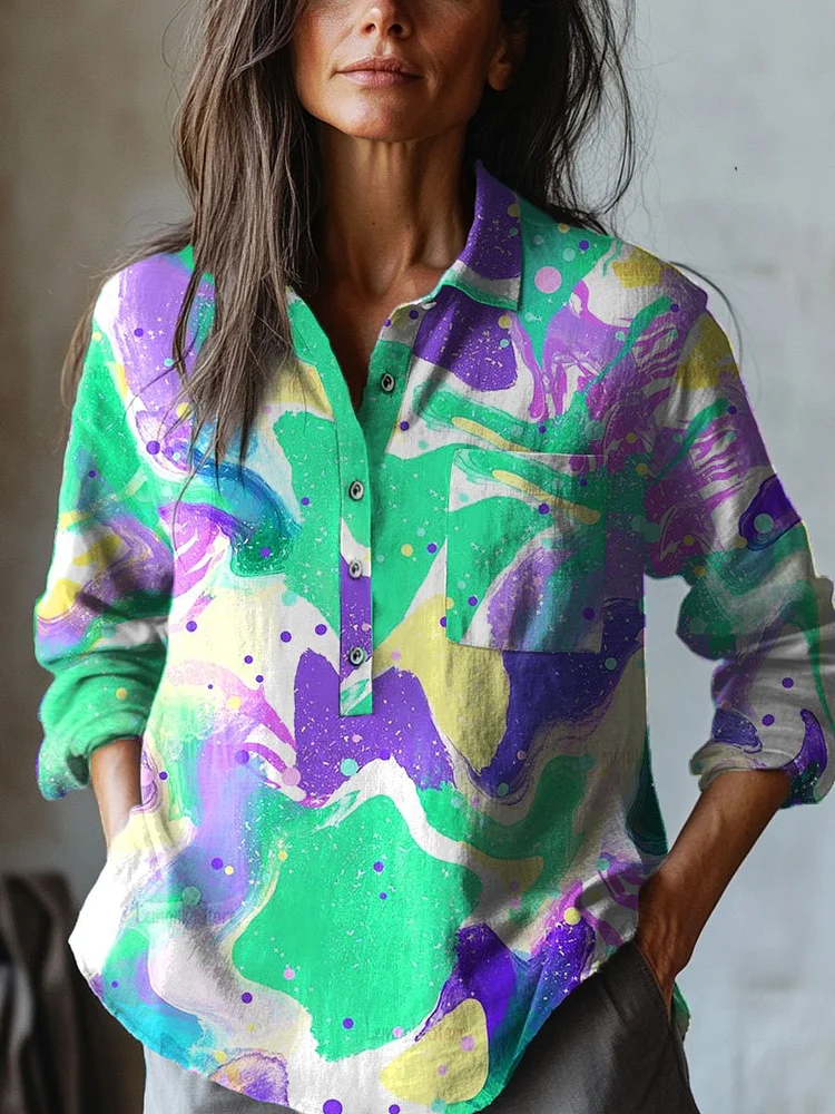 Women's   Mardi Gras  Art Print Casual Cotton And Linen Shirt