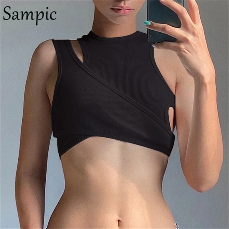 Sampic Fashion Women O Neck Mini Short Sleeveless Knit Ribber Crop Tops Skinny Black Hollow Out Streetwear Y2K Tank Tops Summer