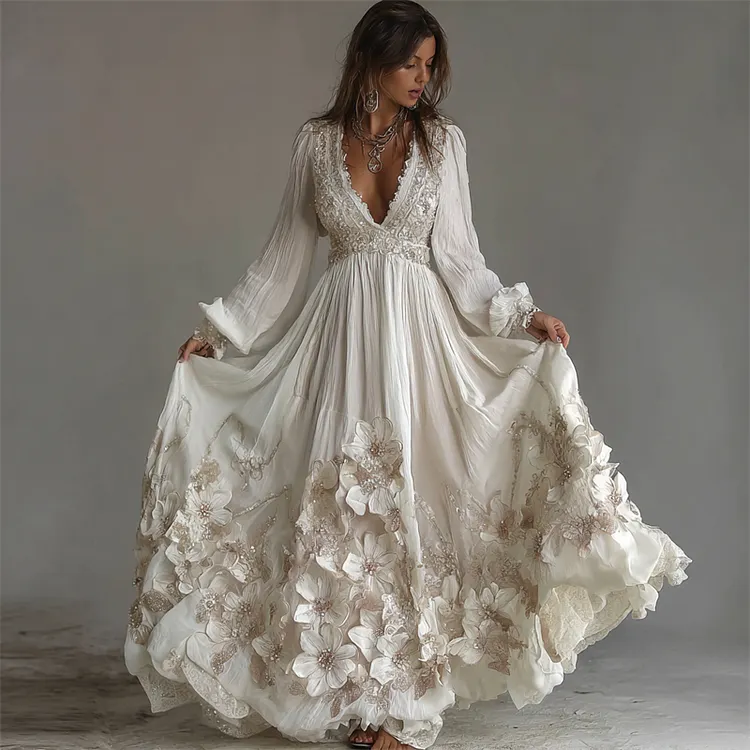 Classy Glitter Flowers Lace Linen Maxi Dress