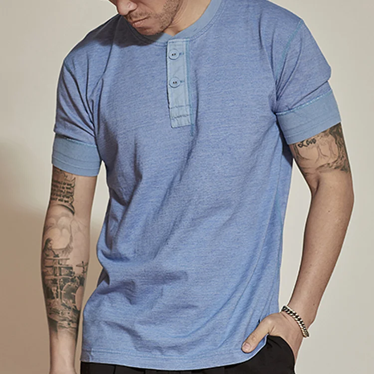 Classic Blue Dyed Distressed Washed Men's Short-Sleeved Henley T-Shirt