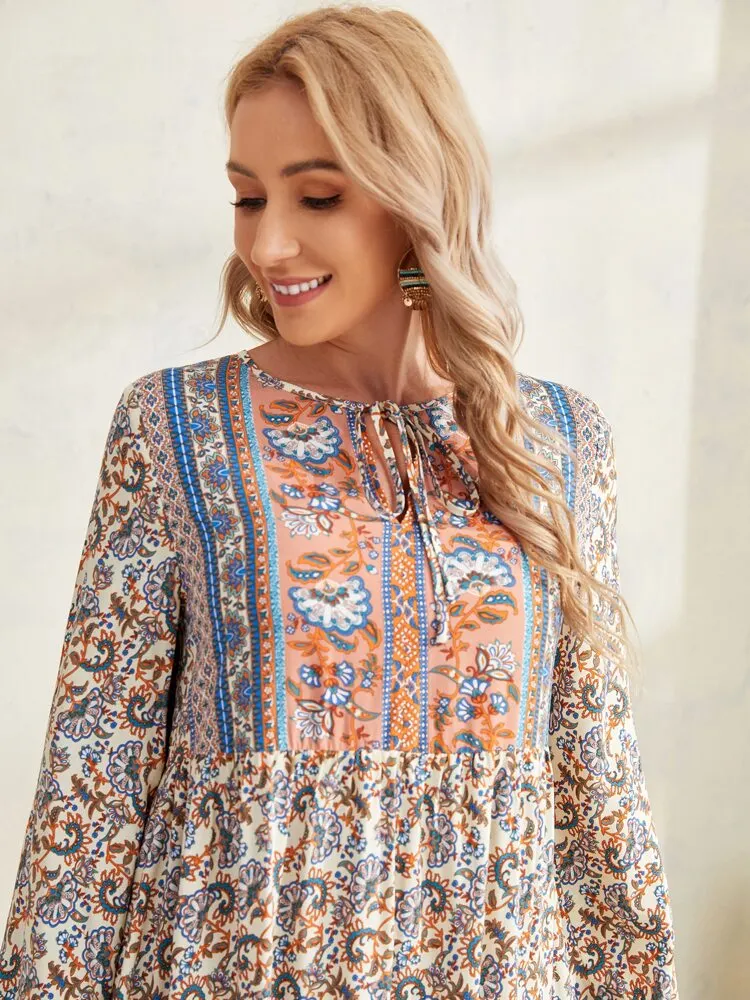 Tie Neck Floral Print Lantern Sleeve Smock Dress