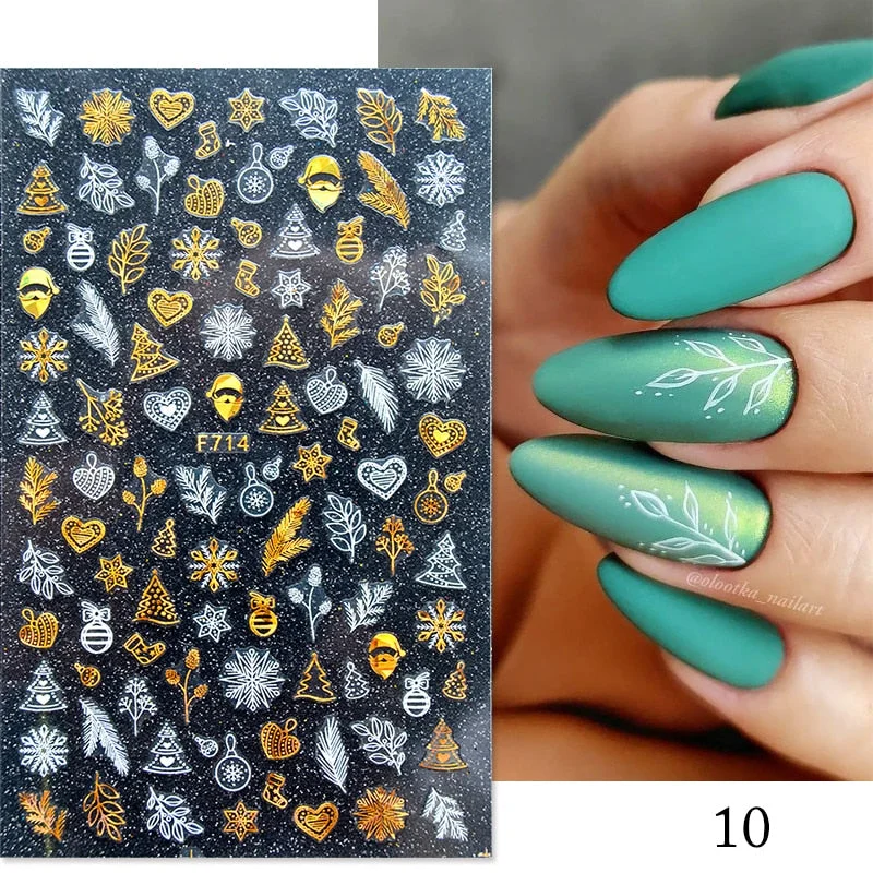 Gold White Bronzing Christmas Nail Sticker 3D Snowflakes Leaf Geometry Lines Letter For Manicure Sliders Decoration Accessories