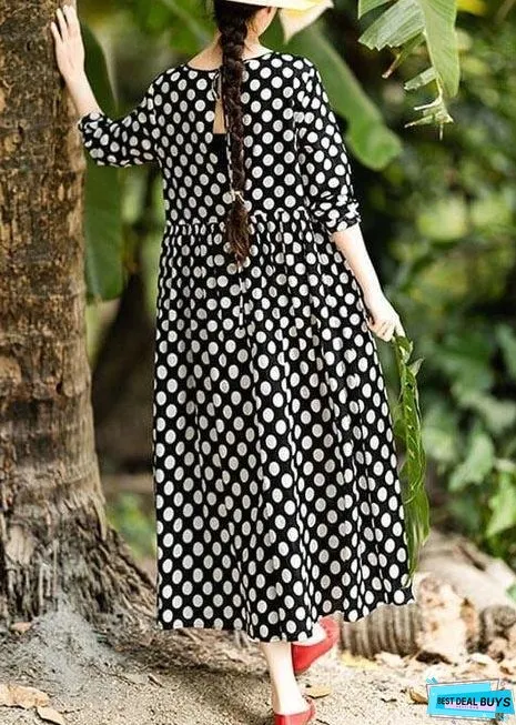 Women Cotton Clothes Plus Size Spring Pleated Long Black Dots Dress ( Limited Stock)