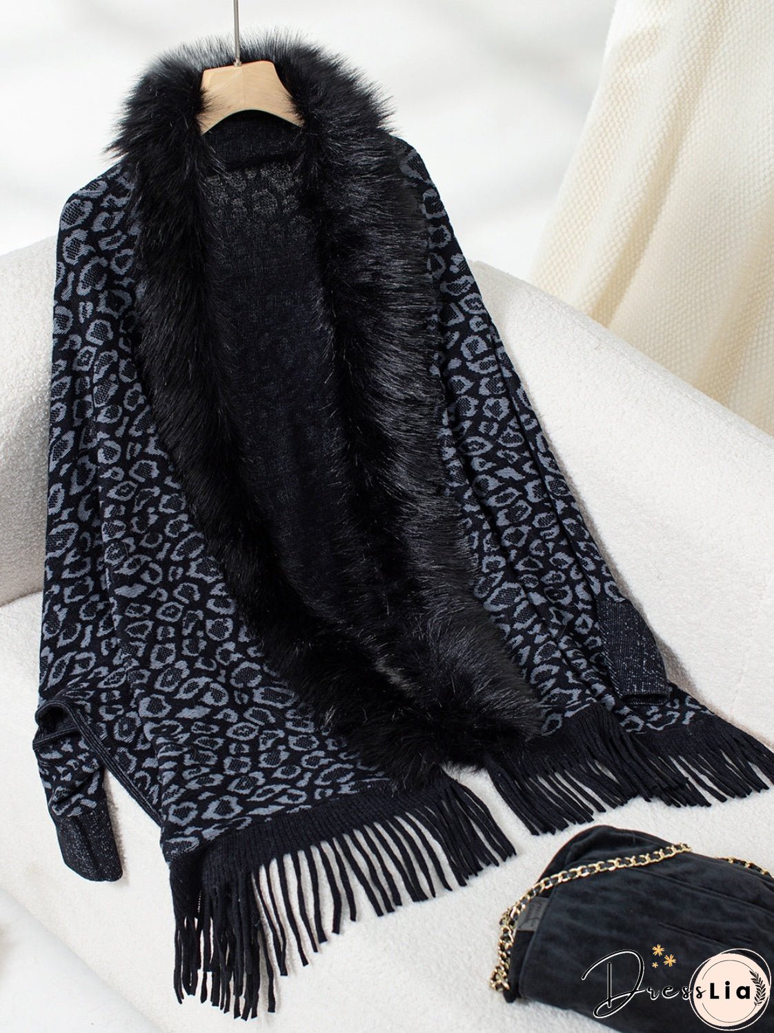 Fringe Leopard Open Front Long Sleeve Poncho